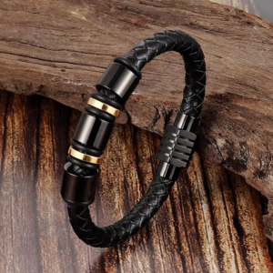 Black Leather Braided Bracelet Stainless Steel Buckle