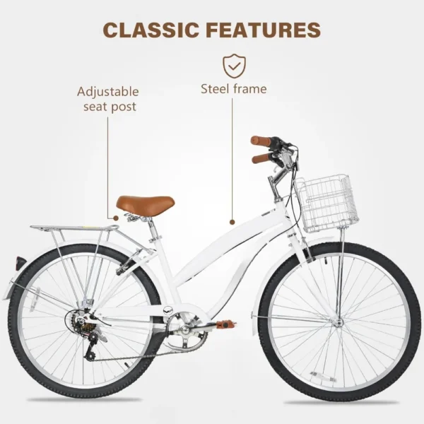 26 Inch Commuter Bicycle for Adult Men and Women, 7-Speed/High-Carbon Steel/Front & Rear Fenders, Comfortable City Bikes - Image 2