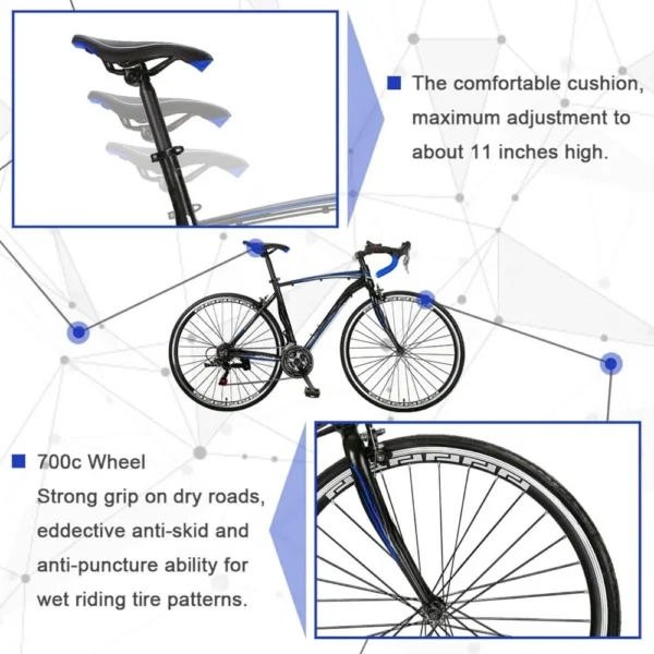 14-21 Speed Road Bike with Light Aluminum Alloy Frame, 700C Wheelwith Dual Disc/V Brakes, Adult Faster Racing Bike - Image 6