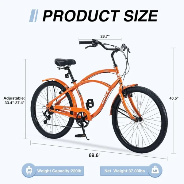 26 Inch Beach Cruiser Bike 7 Speeds Steel Frame for Adult Women Men Hybrid Bicycle Commuting Cycle Bicycle Rim 26 - Image 3