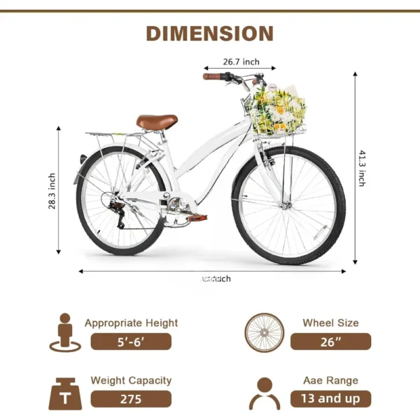 26 Inch Commuter Bicycle for Adult Men and Women, 7-Speed/High-Carbon Steel/Front & Rear Fenders, Comfortable City Bikes - Image 6